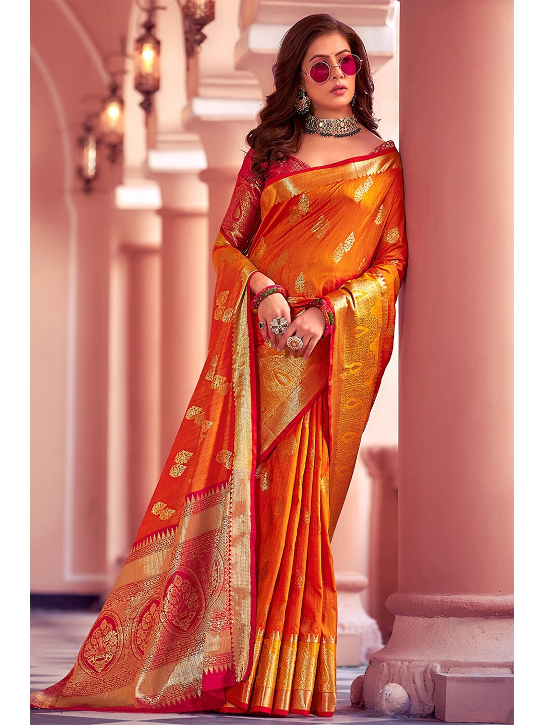 

Exclusiva Orange & Pink Woven Design Zari Silk Blend Banarasi Saree