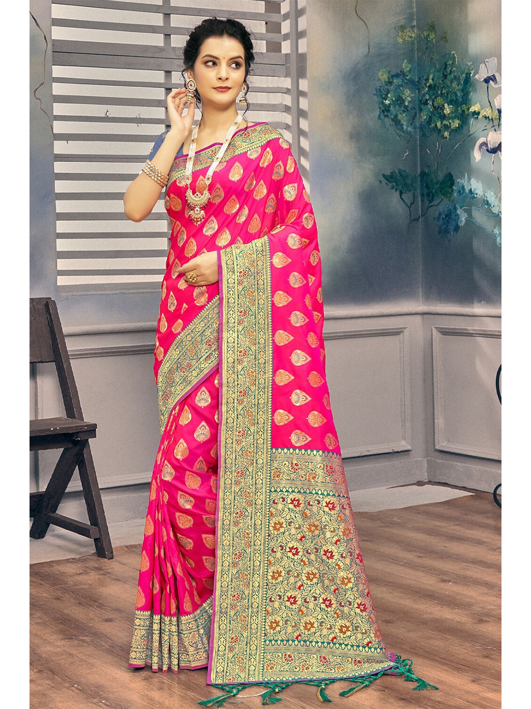 

Exclusiva Ethnic Motifs Zari Banarasi Saree, Pink
