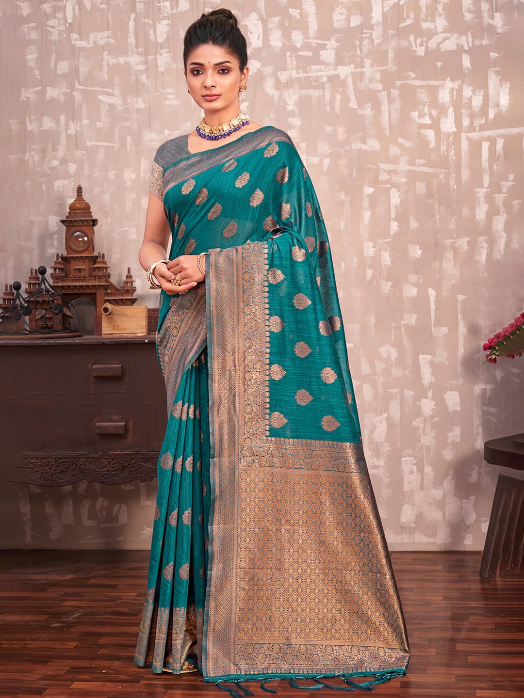 

Exclusiva Ethnic Motifs Zari Silk Cotton Banarasi Saree, Teal