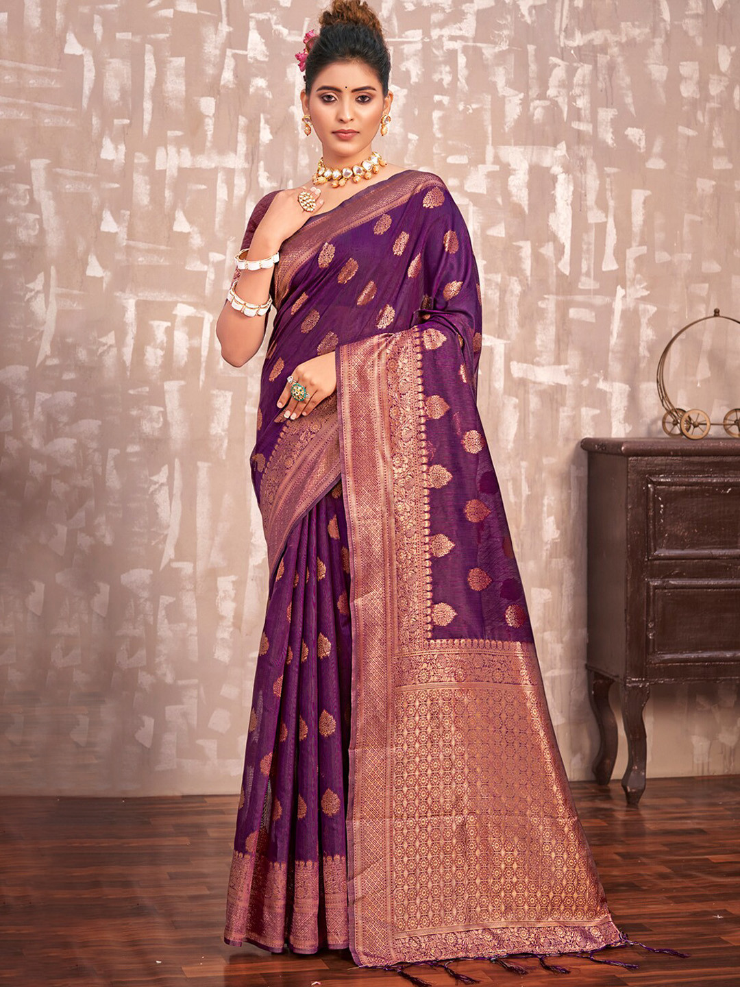 

Exclusiva Ethnic Motifs Zari Silk Cotton Banarasi Saree, Purple