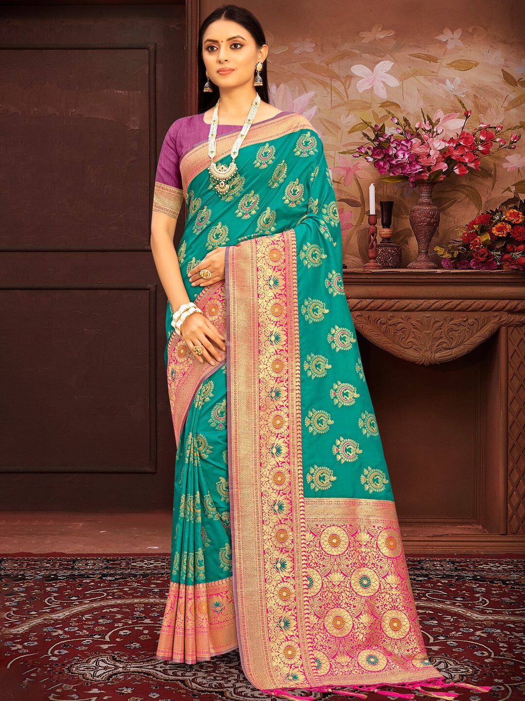 

Exclusiva Ethnic Motif Woven Design Zari Banarasi Silk Saree, Sea green