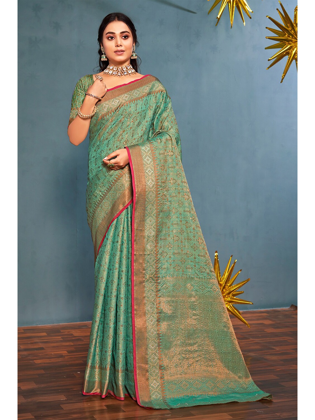 

Exclusiva Ethnic Motifs Zari Silk Blend Banarasi Saree, Sea green