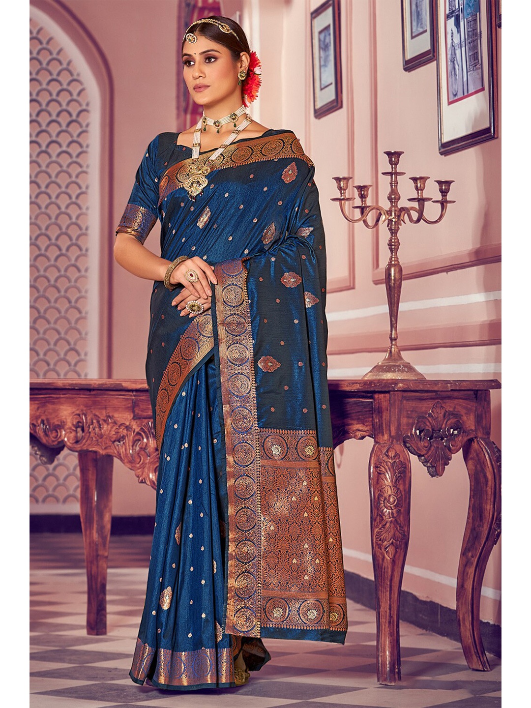 

Exclusiva Ethnic Motifs Zari Banarasi Saree, Navy blue