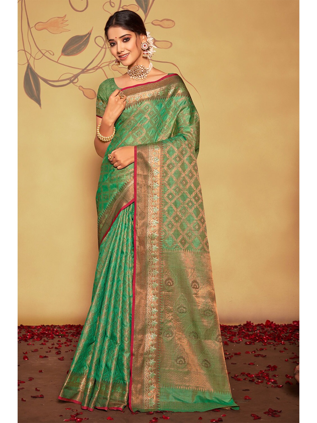 

Exclusiva Ethnic Motifs Zari Silk Blend Banarasi Saree, Green