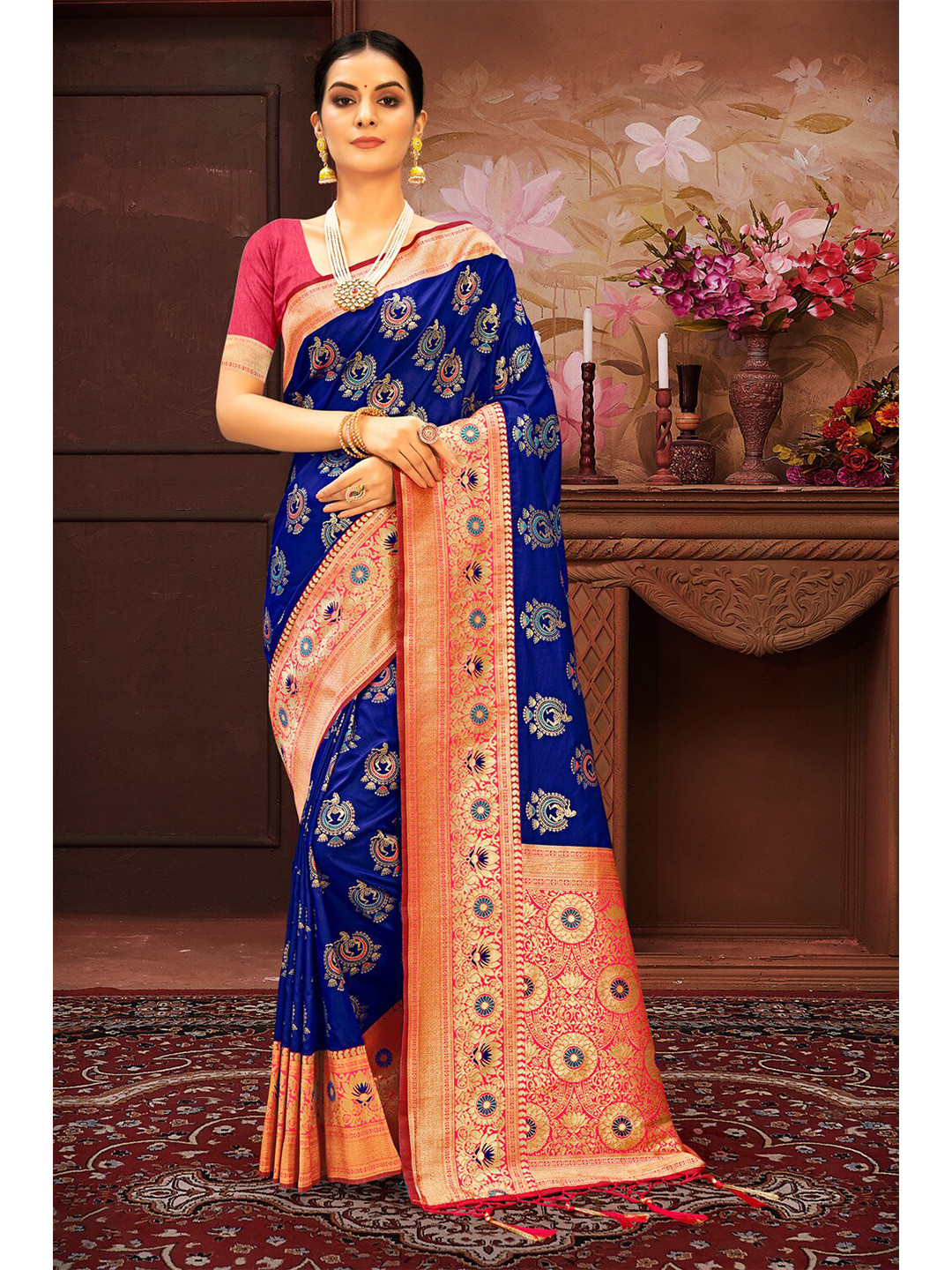 

Exclusiva Ethnic Motifs Zari Silk Blend Banarasi Saree, Blue