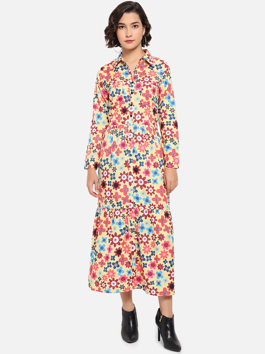 

Kannan Yellow Floral Crepe Shirt Maxi Dress