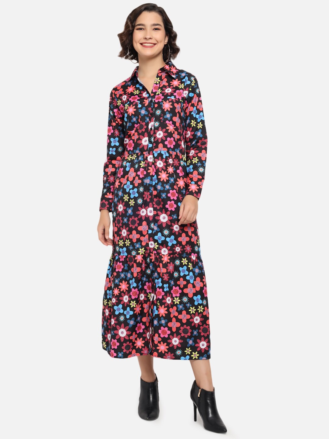 

Kannan Black Floral Crepe Shirt Midi Dress
