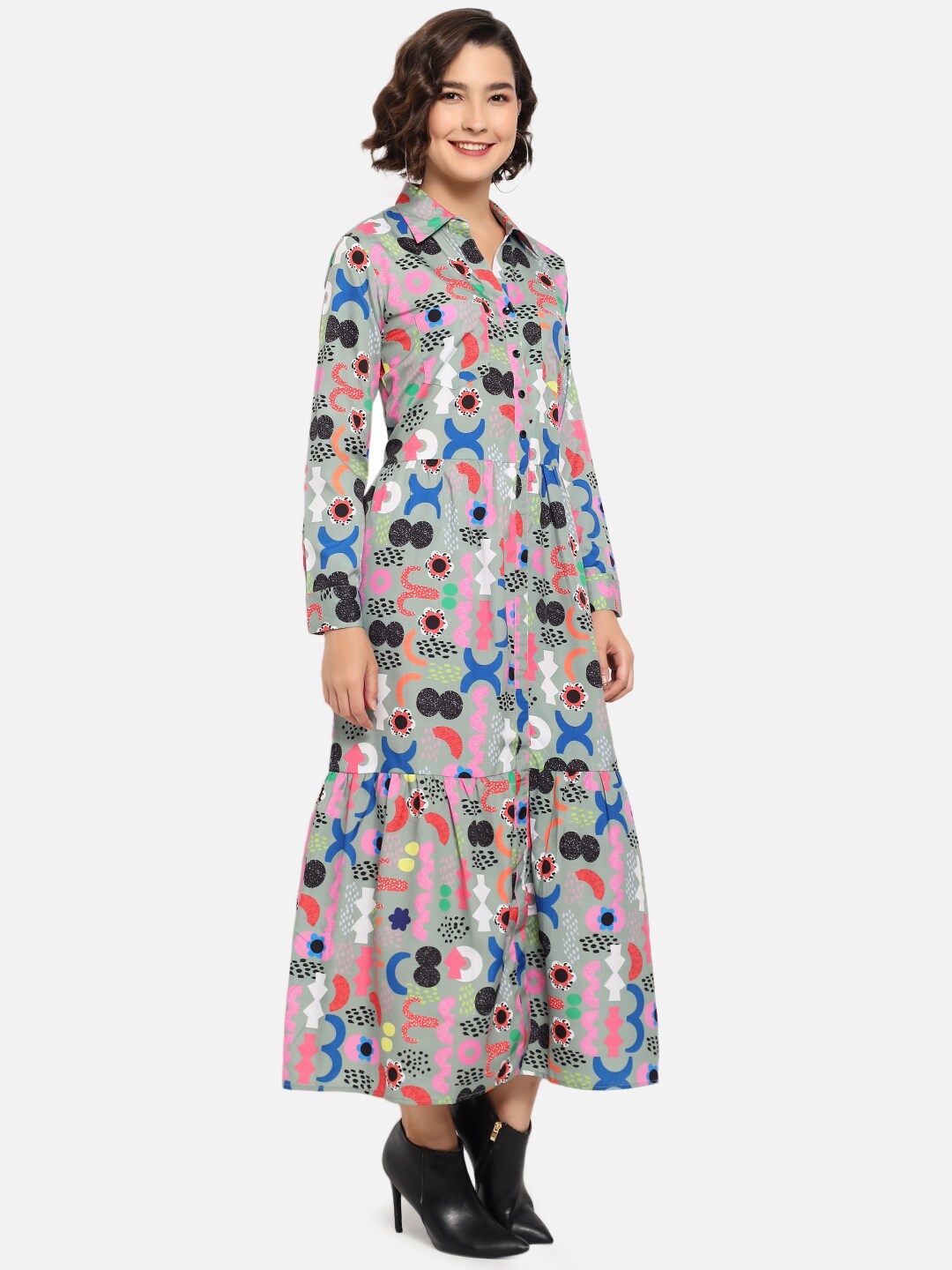 

Kannan Grey Floral Tie-Up Neck Crepe Maxi Maxi Dress