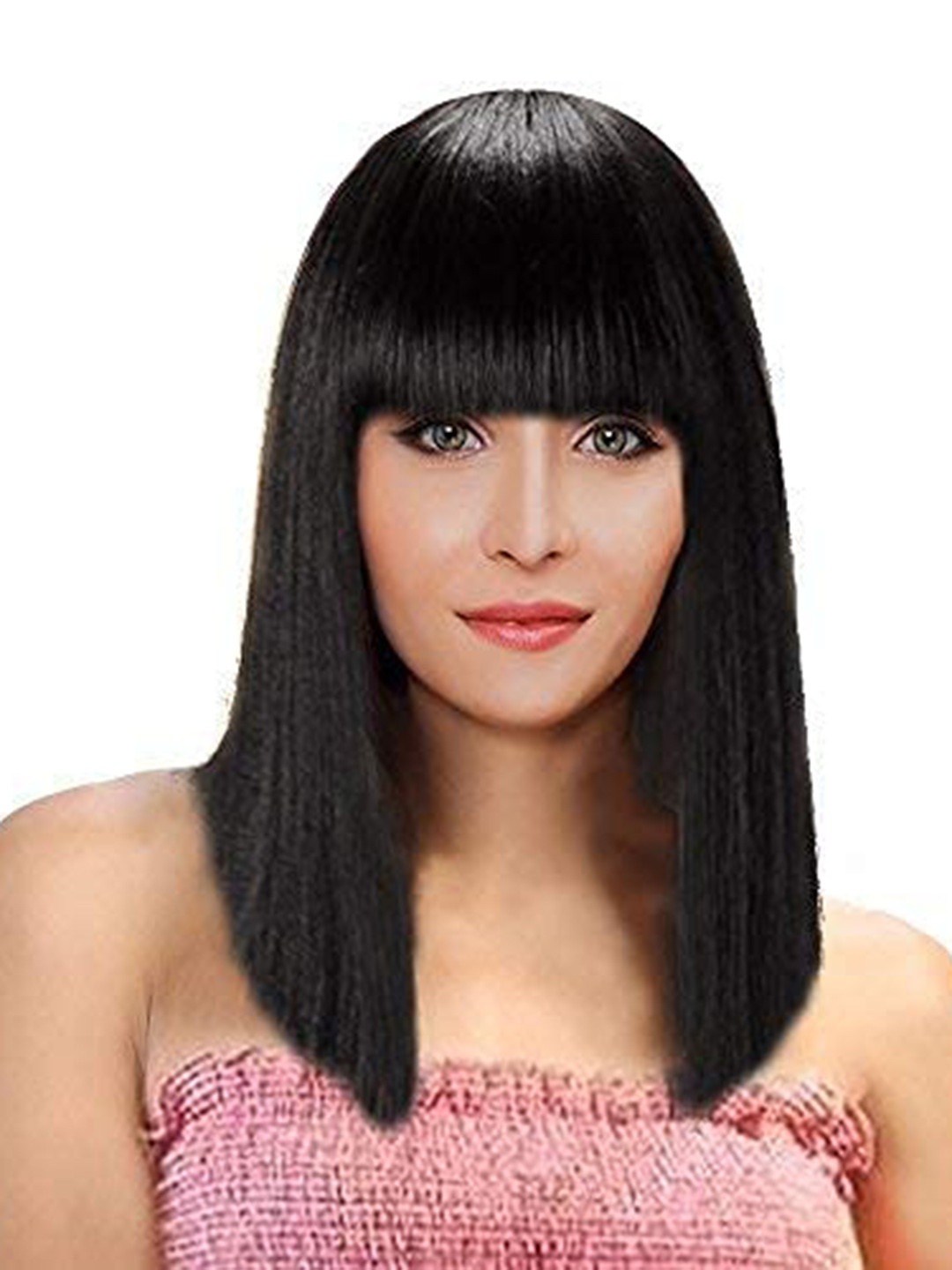 

CHANDERKASH Women 14 Inch Full Head Short Straight Blunt Bob Hair Wig with Bangs - Black
