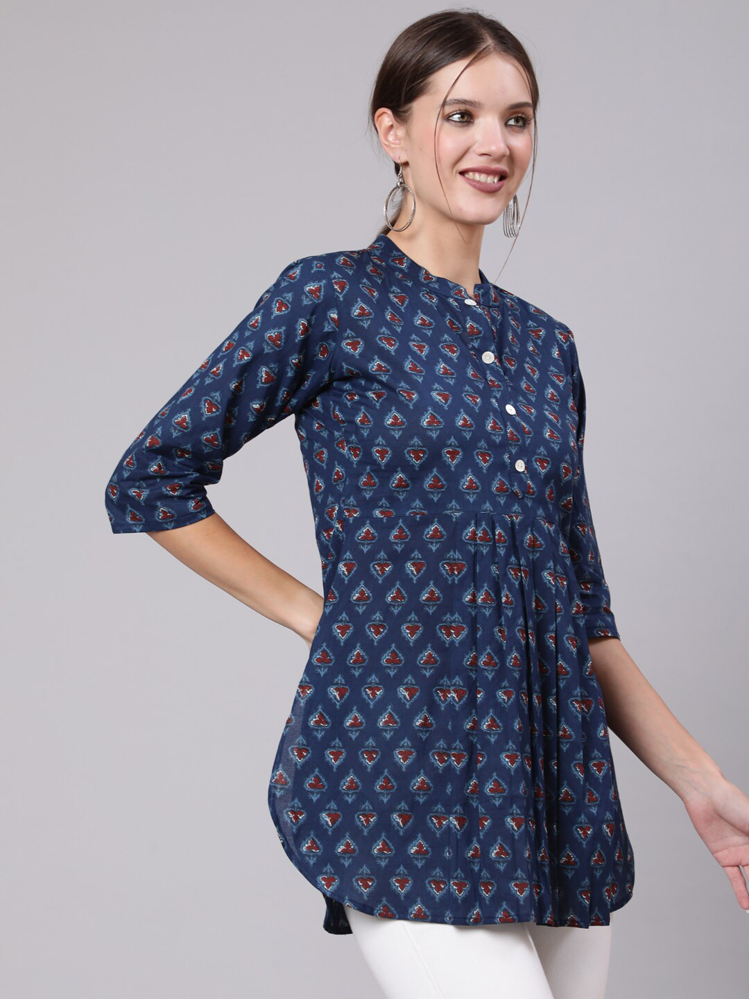 

THE NKS PLUS Floral Printed Mandarin Collar Cotton Top, Blue