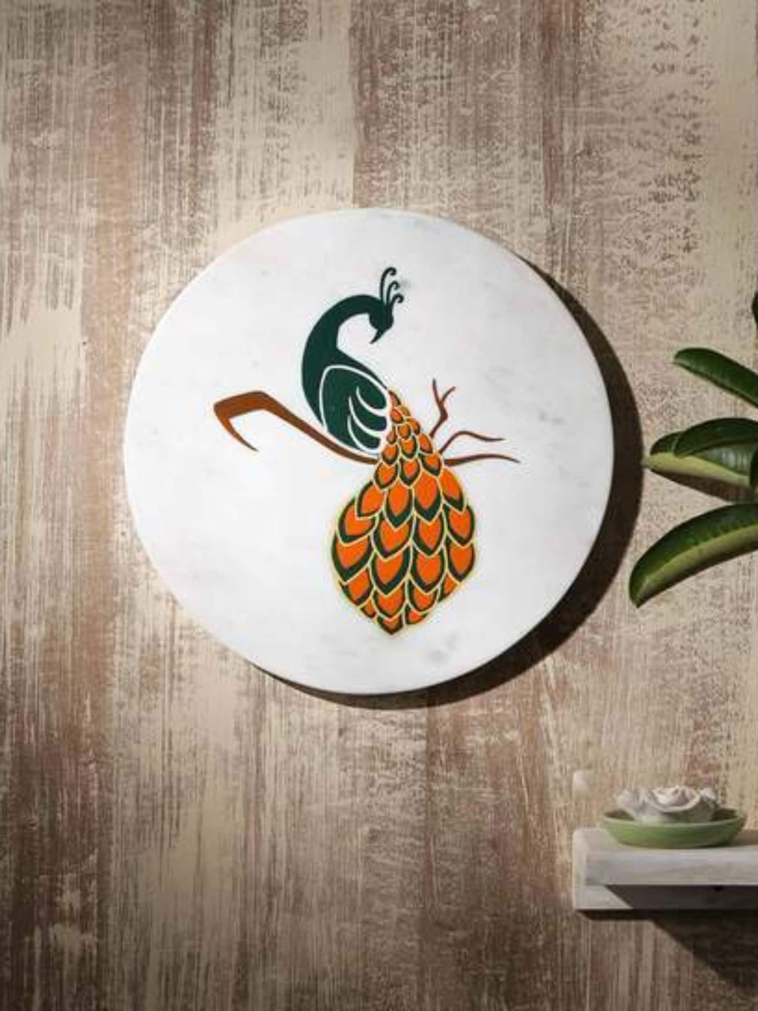 

POSH-N-PLUSH White & Orange Color Me Peacock Painted Marble Wall Art