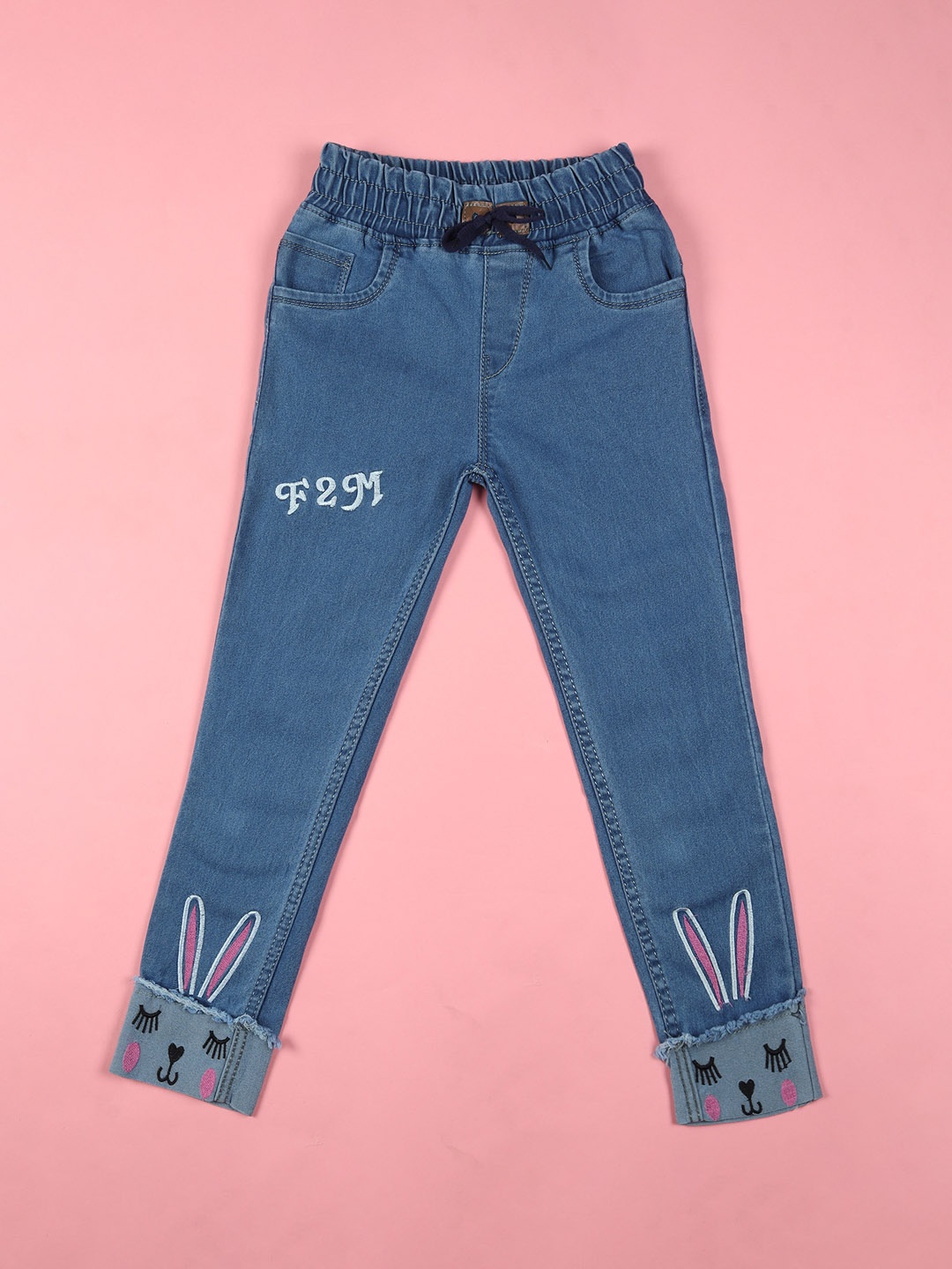 

F2M Kids Slim Fit High-Rise Cuffed Hem Cotton Jeans, Blue