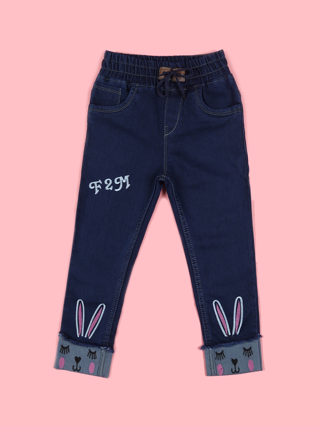

F2M Girls Slim Fit High-Rise Embroidered Cuffed Hem Cotton Jeans, Navy blue