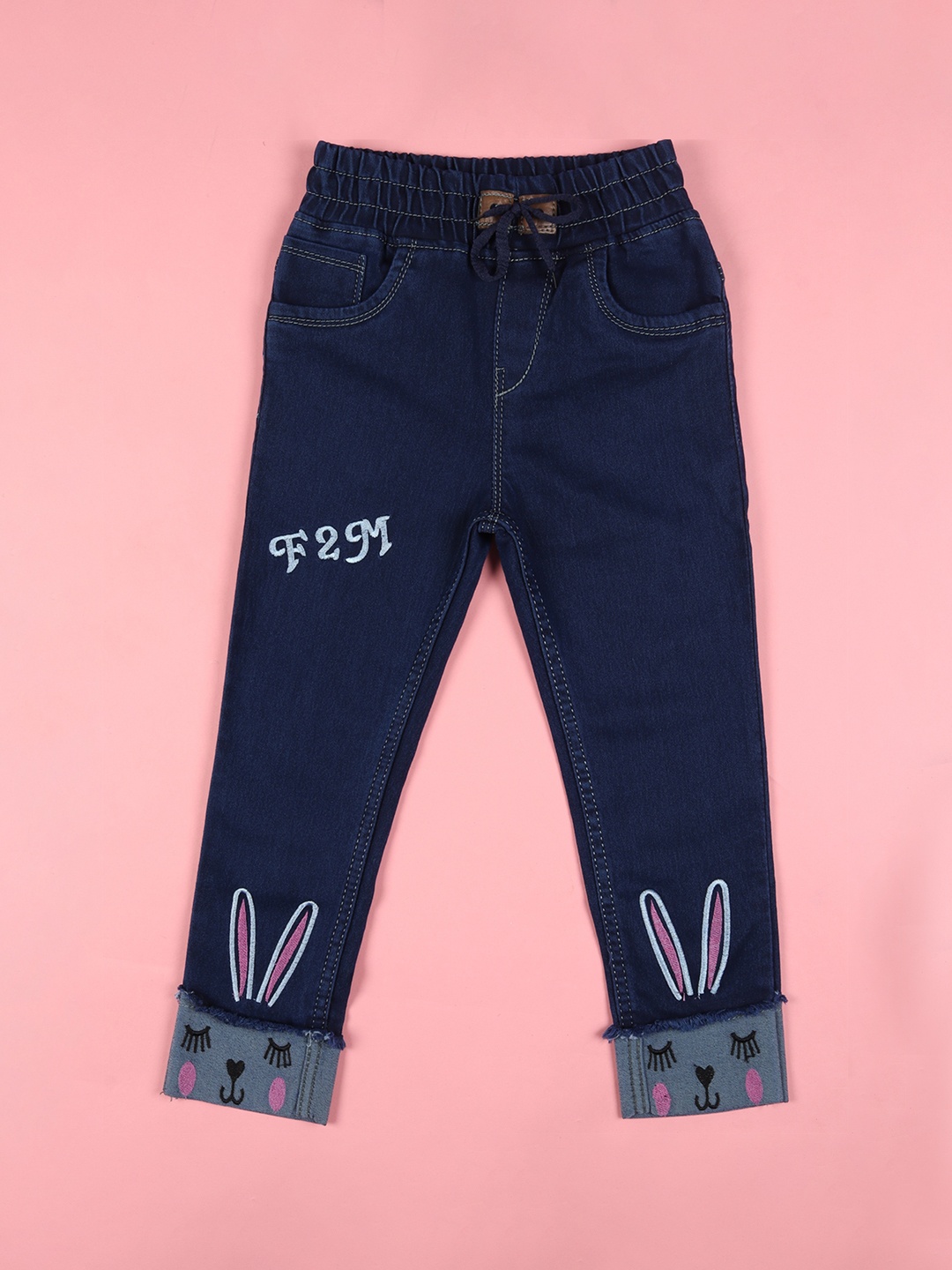

F2M Boys Slim Fit High-Rise Embroidered Cuffed Hem Cotton Jeans, Navy blue