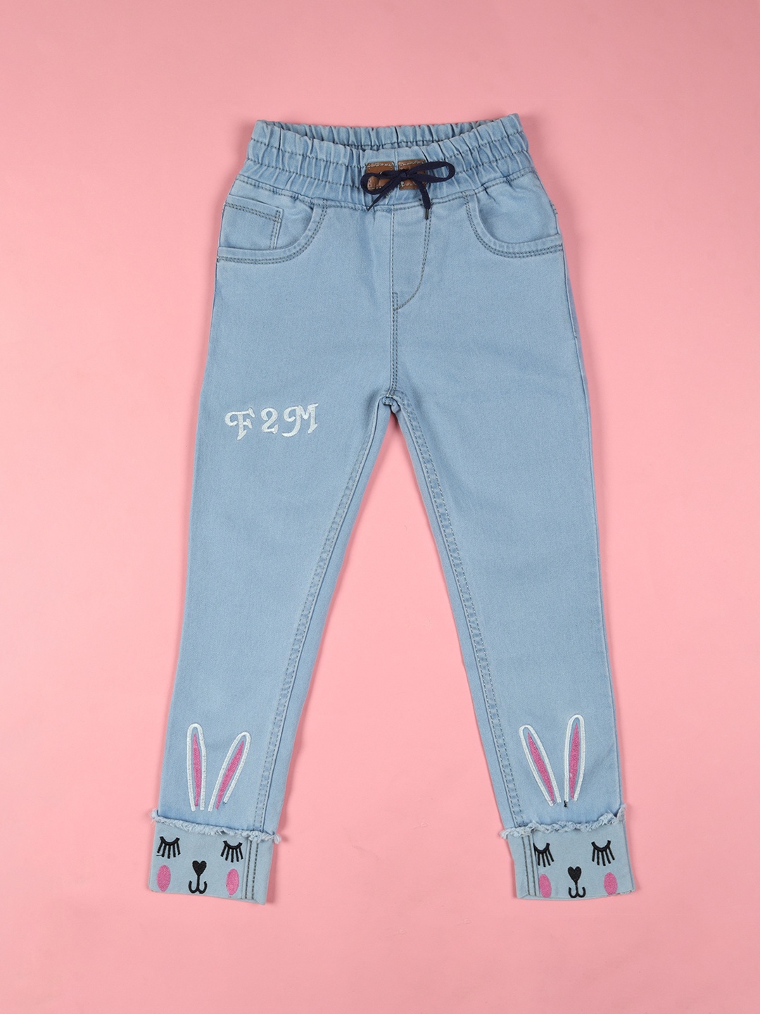 

F2M Kids Slim Fit High-Rise Embroidered Cuffed Hem Cotton Jeans, Blue