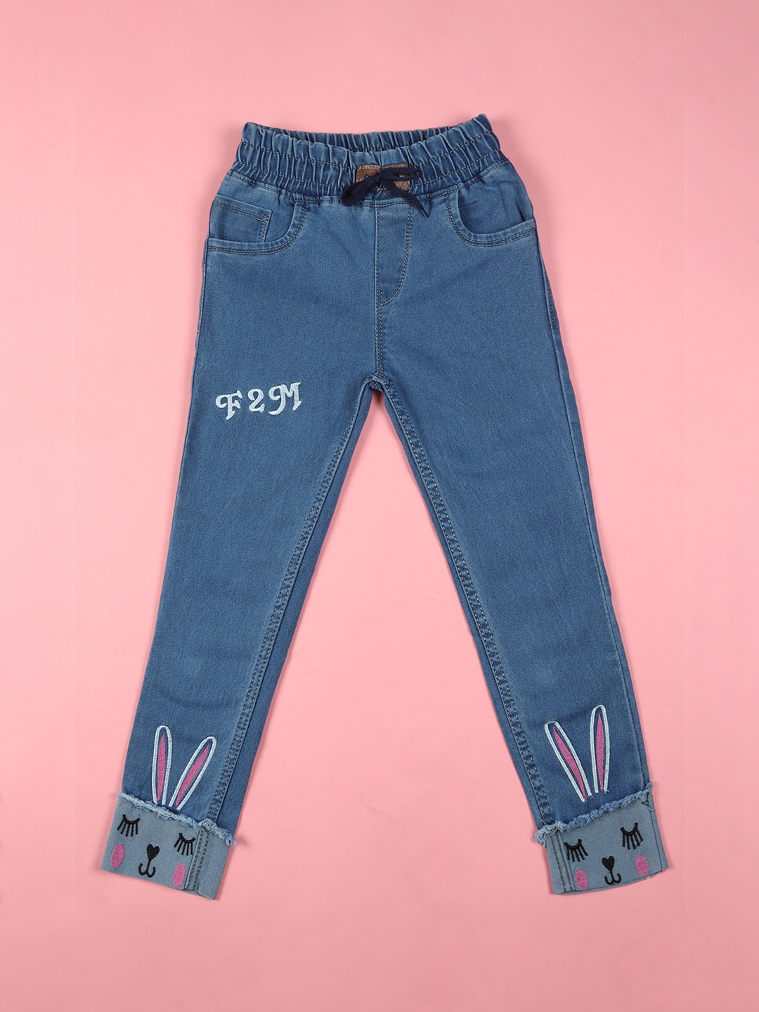

F2M Girls Slim Fit High-Rise Embroidered Cuffed Hem Cotton Jeans, Blue