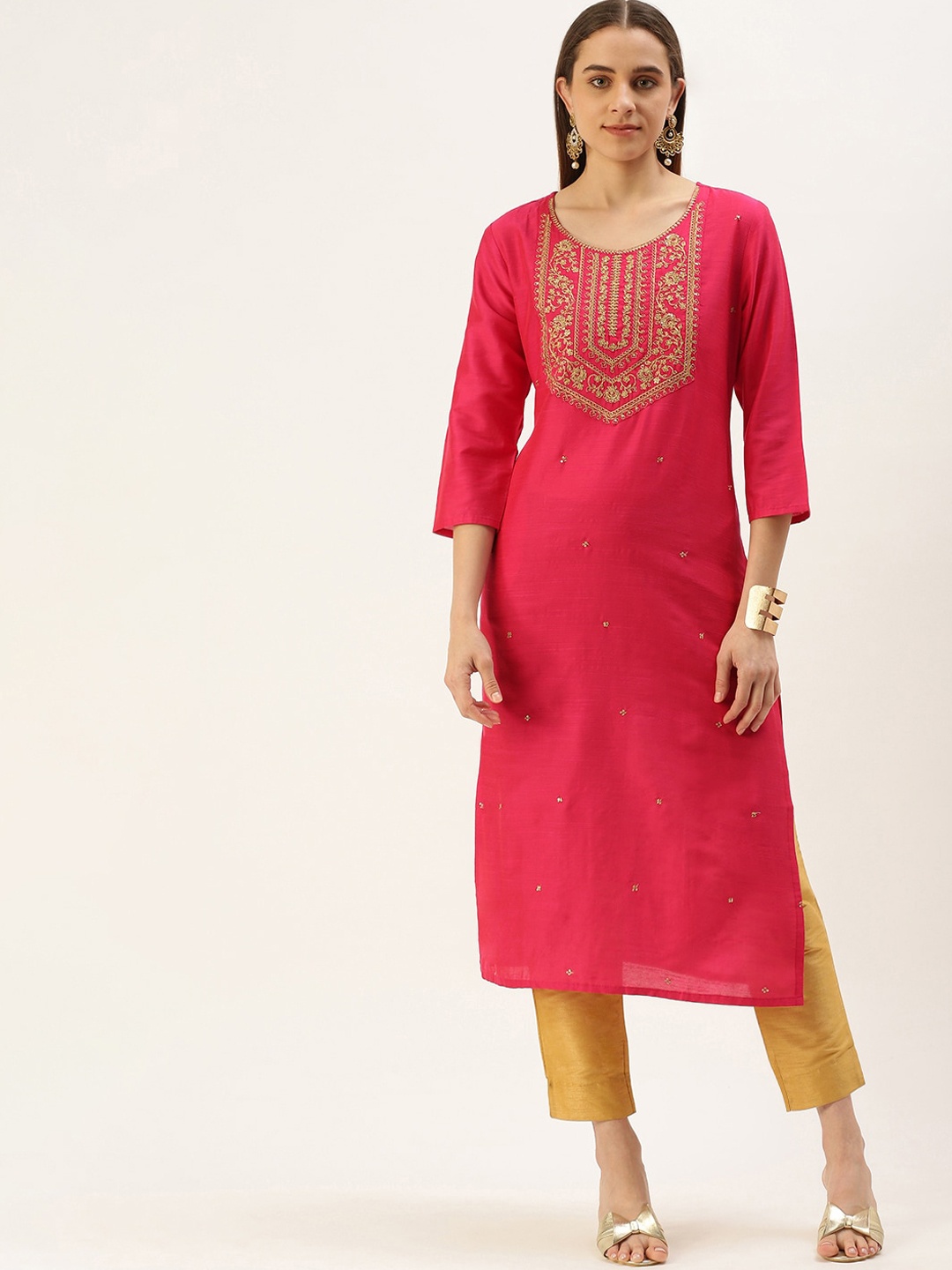 

FLAVIDO Women Ethnic Motifs Embroidered Raw Silk Kurta, Pink