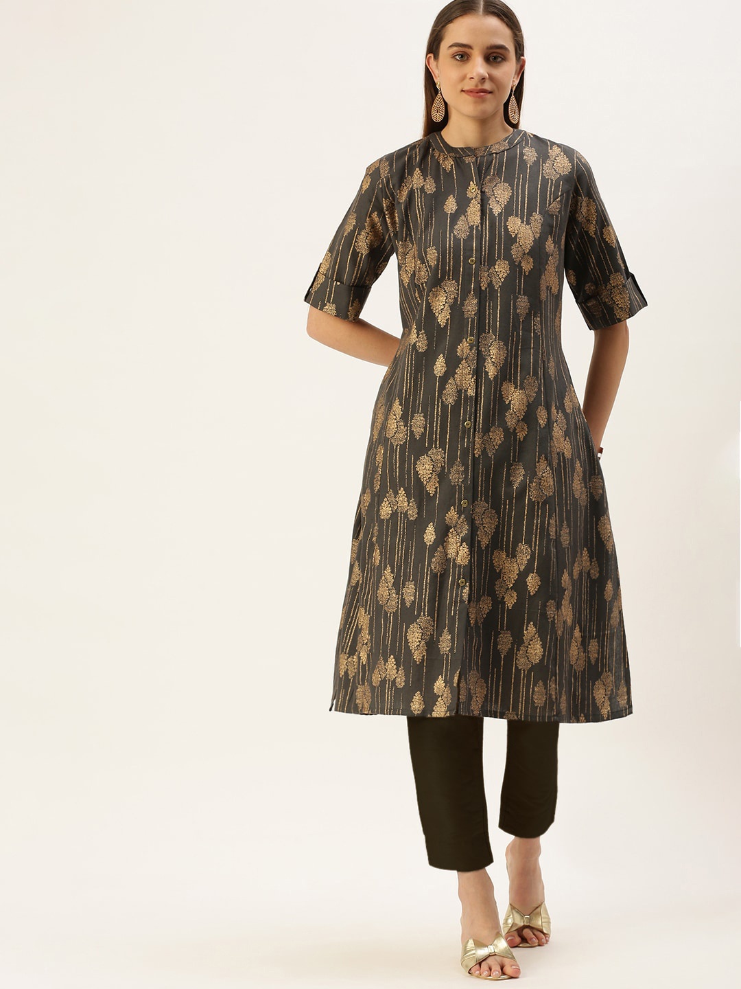 

FLAVIDO Women Printed Roll-up Sleeves Pure Cotton Kurta, Grey
