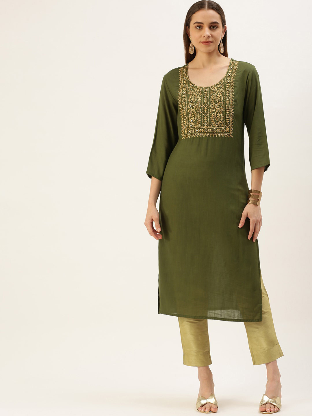 

FLAVIDO Women Yoke Design Ethnic Motifs Thread Work Scoop Neck Kurta, Green