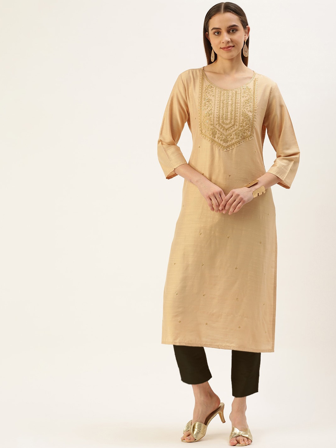 

FLAVIDO Women Yoke Design Thread Work Kurta, Beige
