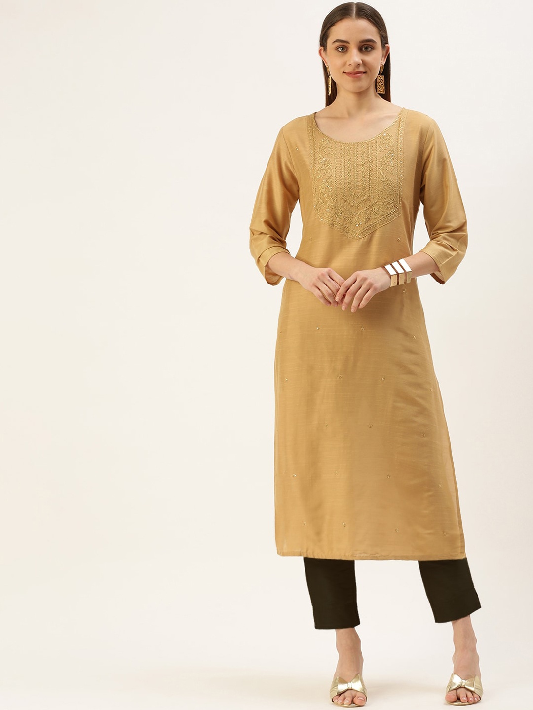 

FLAVIDO Ethnic Motifs Yoke Design Raw Silk Kurta, Beige