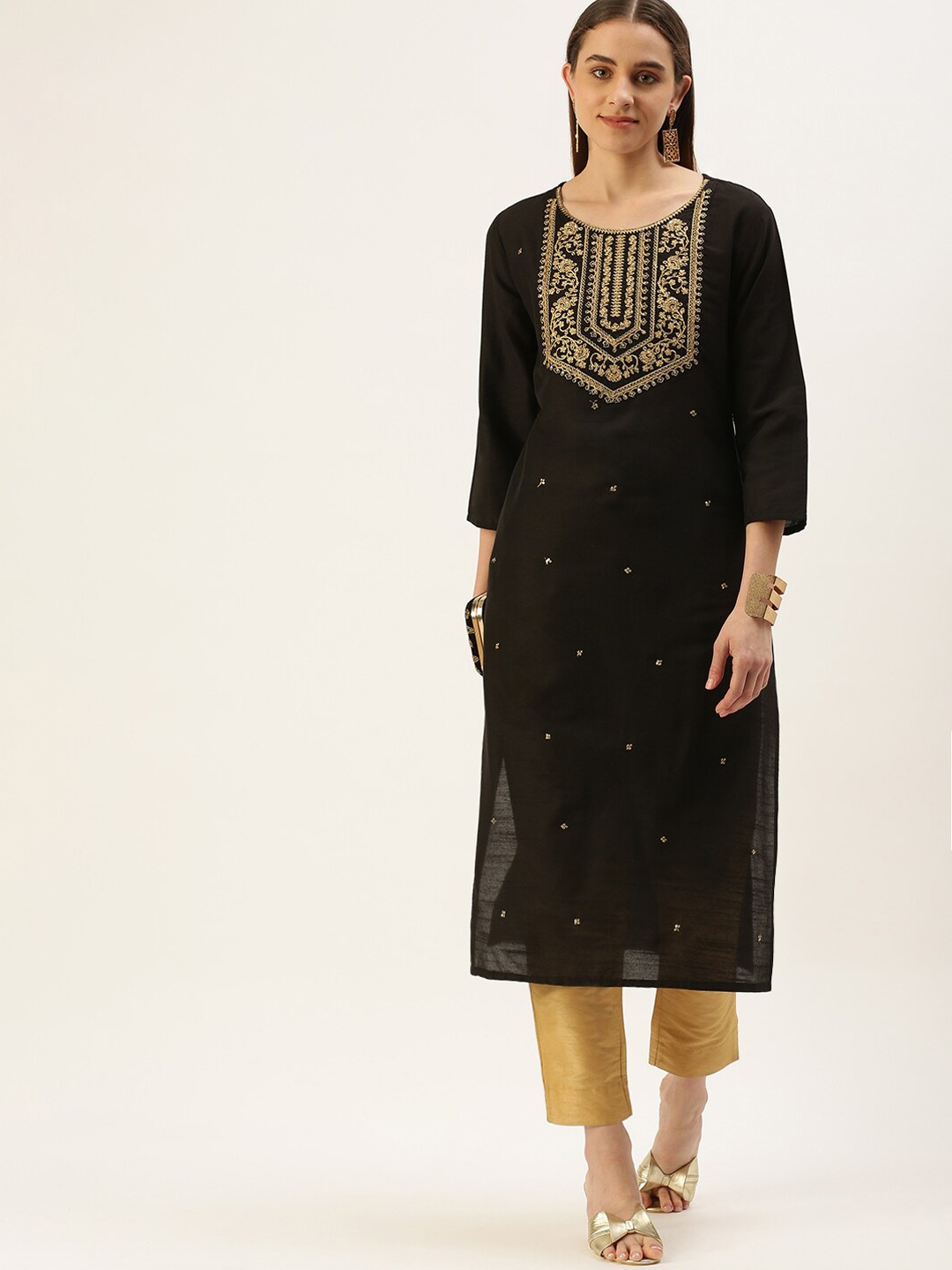 

FLAVIDO Women Embellished Ethnic Motifs Thread Work Straight Kurta, Black