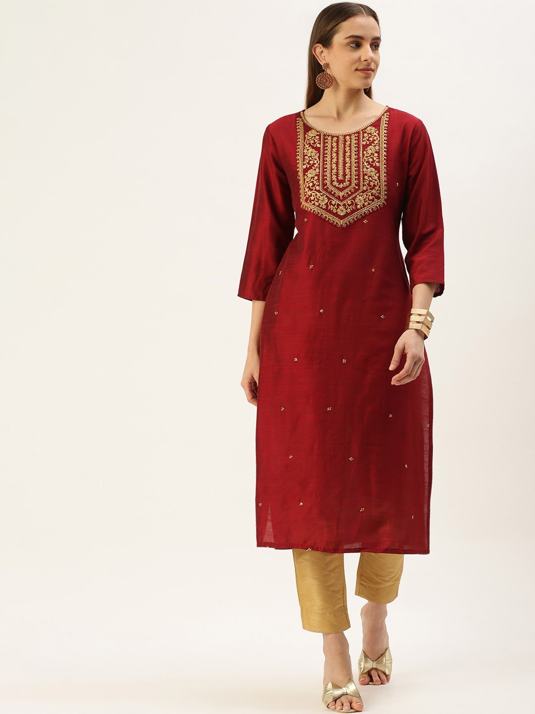 

FLAVIDO Women Yoke Design Embellished Sequins Kurta, Red