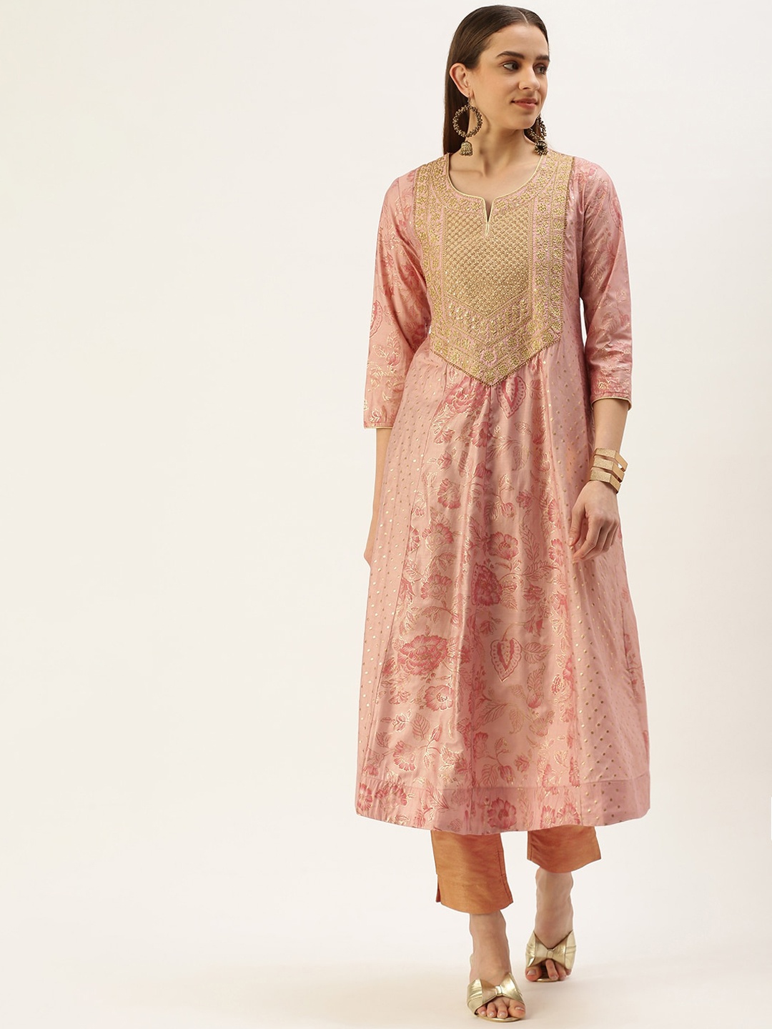 

FLAVIDO Floral Printed Pastels Chanderi Silk Kurta, Peach