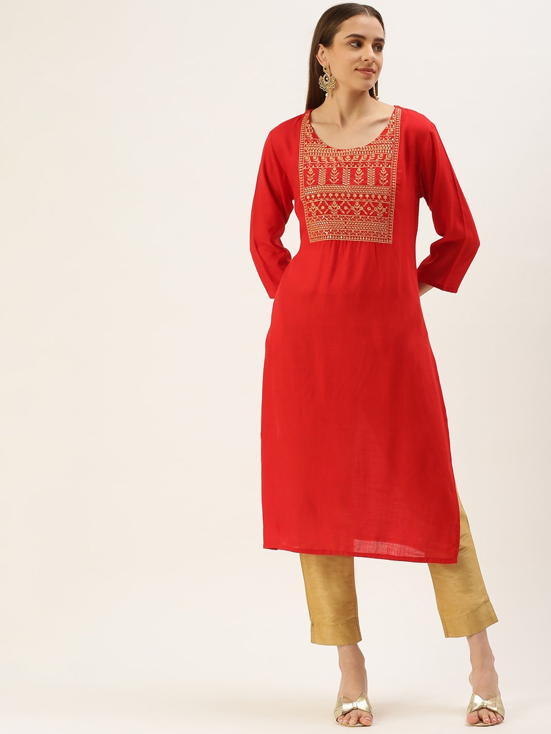 

FLAVIDO Ethnic Motifs Yoke Design Raw Silk Kurta, Red