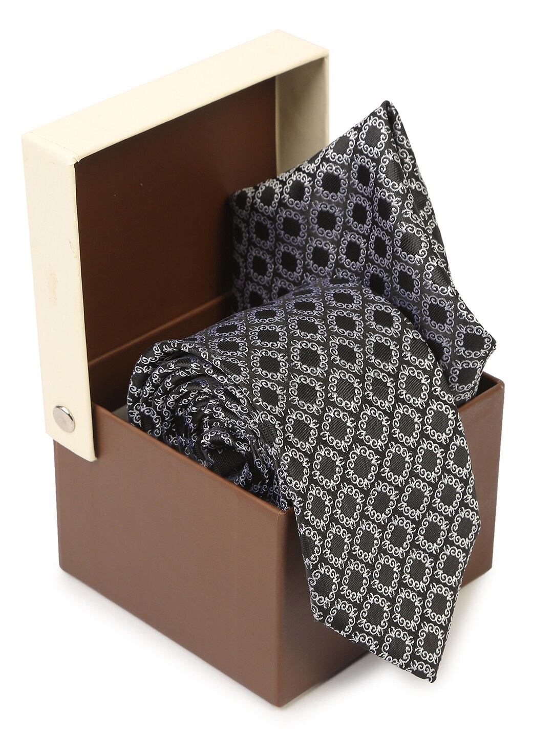 

Hashburys Men Woven Design Broad Tie with Pocket Square, Black