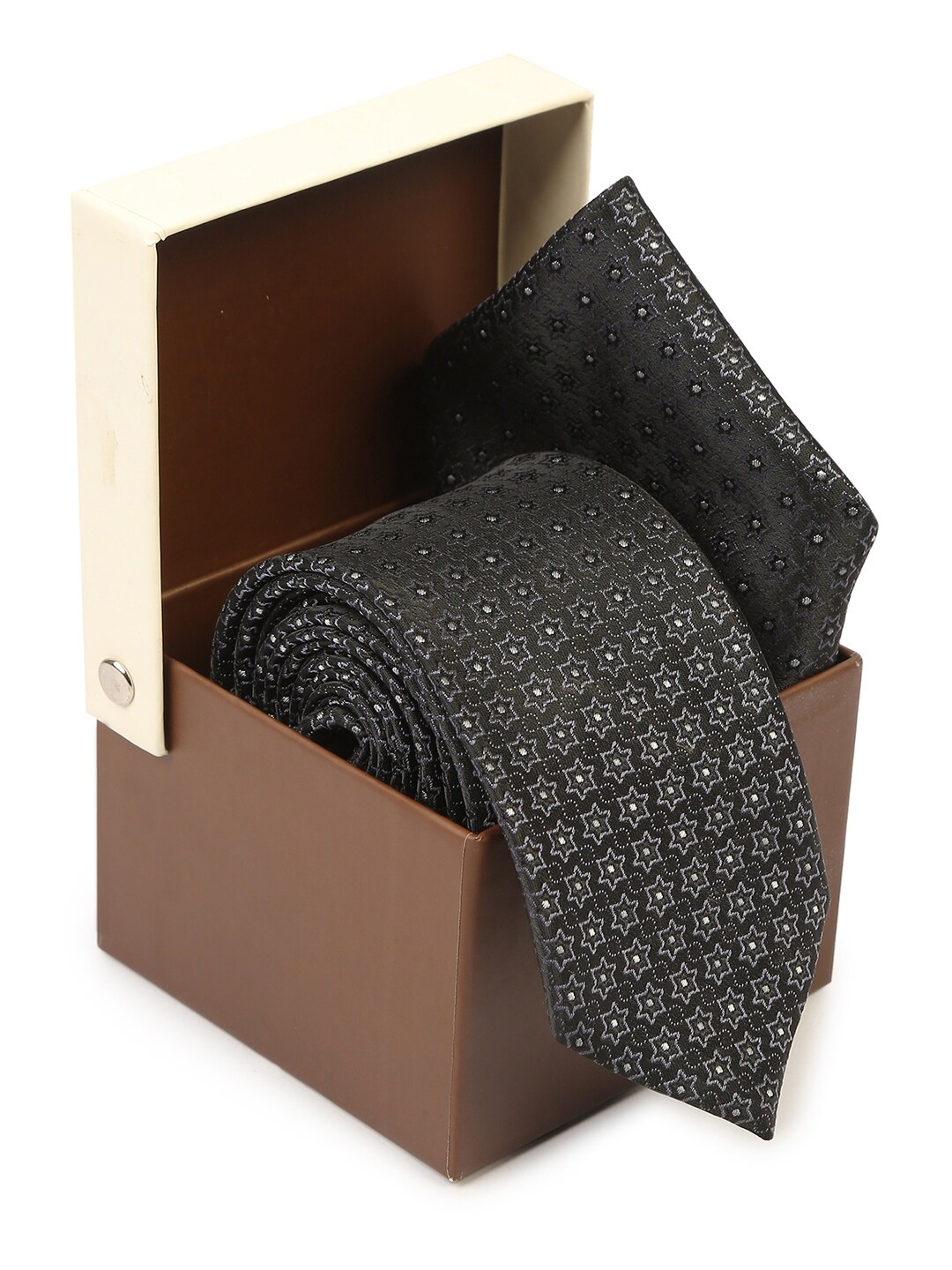 

Hashburys Men Woven Design Broad Tie with Pocket Square, Black