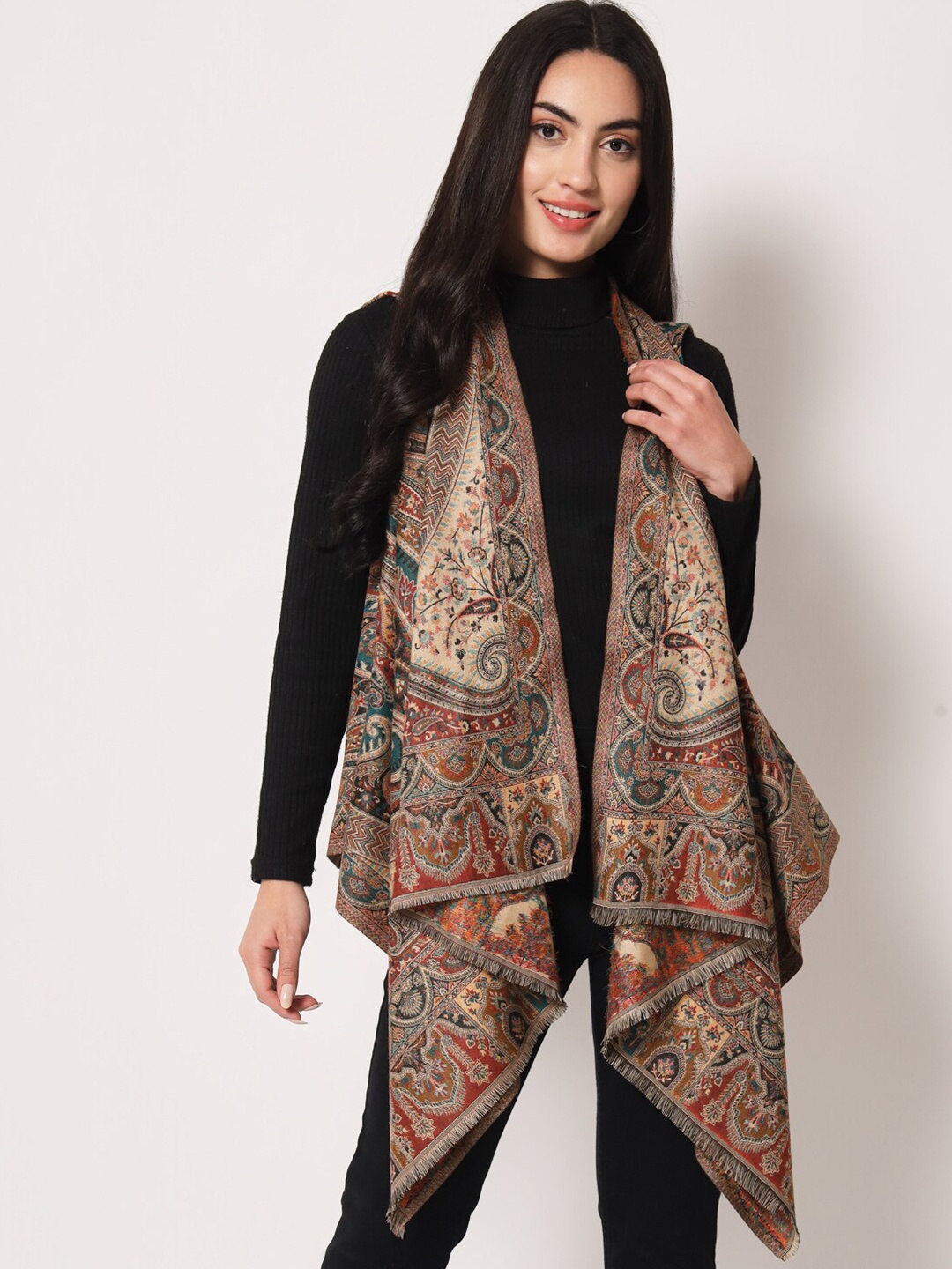 

Zamour Women Printed Longline Bohemian Acrylic Shrug, Beige