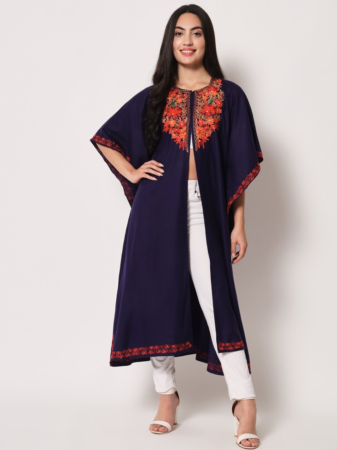 

Zamour Women Floral Longline Acrylic Poncho with Embroidered Detail, Blue