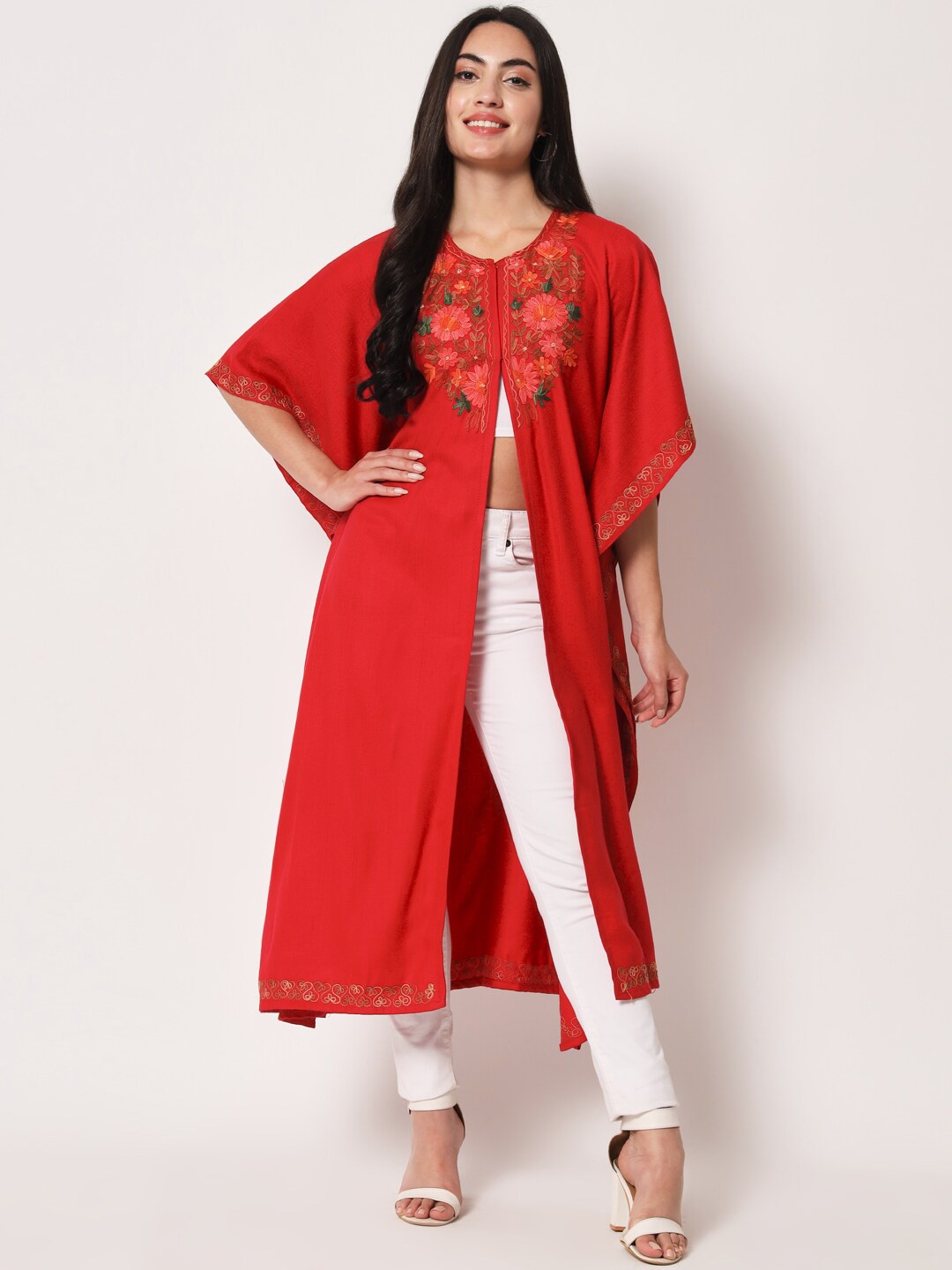 

Zamour Women Floral Longline Acrylic Poncho with Embroidered Detail, Maroon