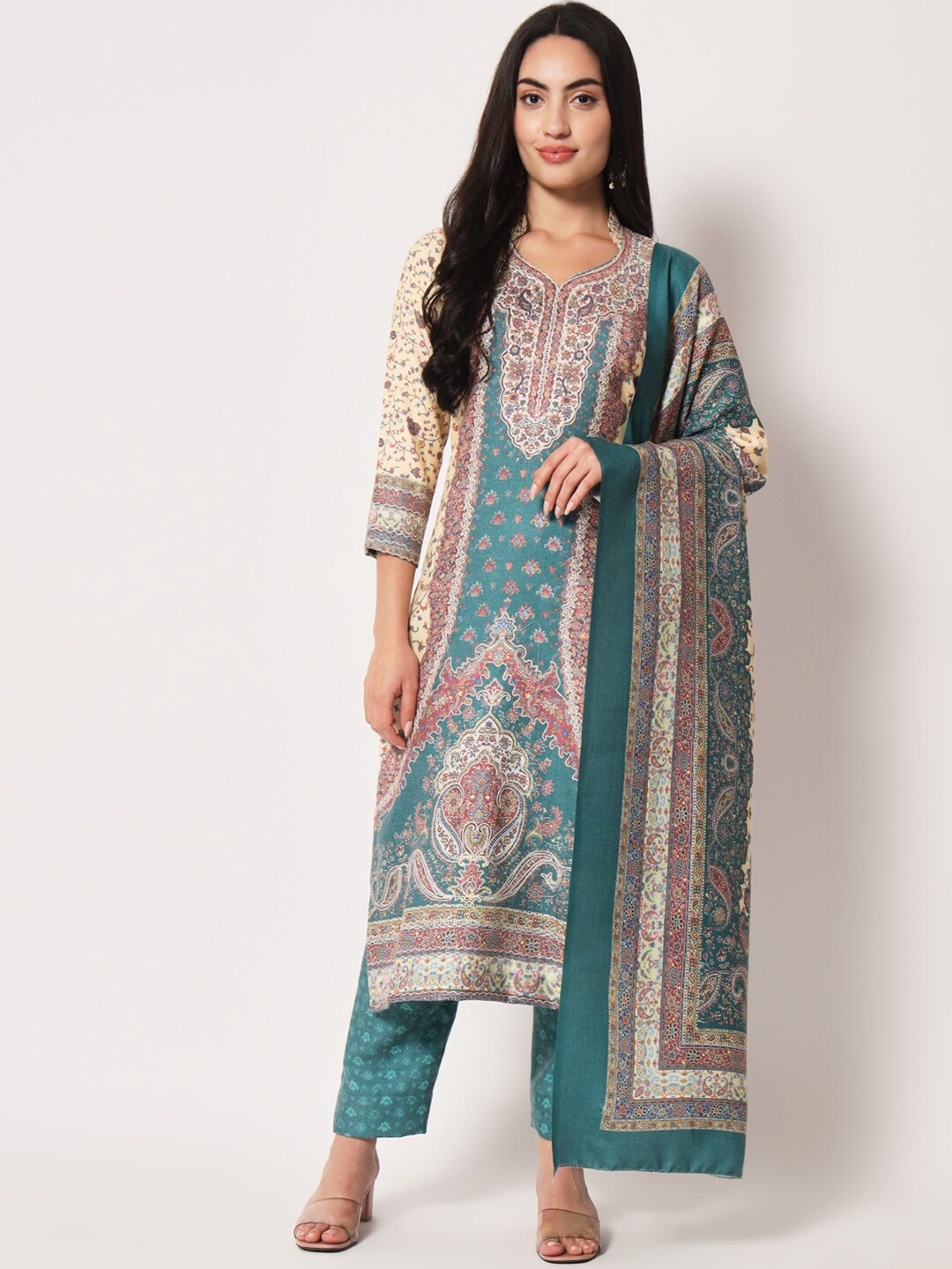 

Zamour Woven Design Kalamkari Unstitched Dress Material, Sea green