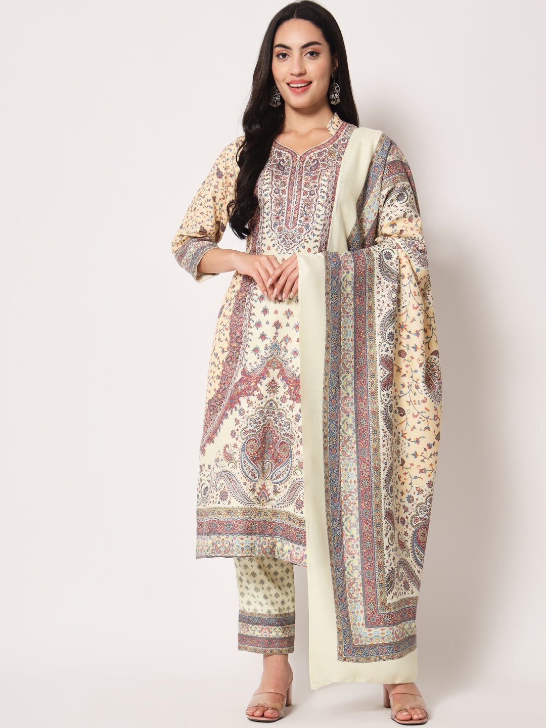 

Zamour Woven Design Kalamkari Unstitched Dress Material, Cream