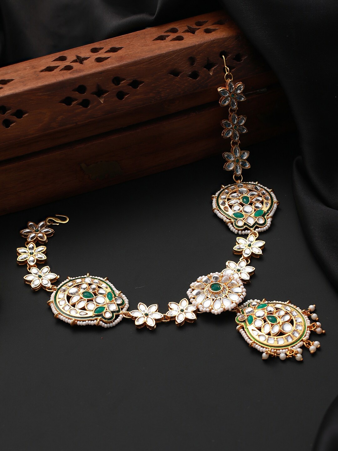 

Jazz and Sizzle Gold-Plated Kundan Studded & Artficial Beaded Meenakari Sheeshphool, Green