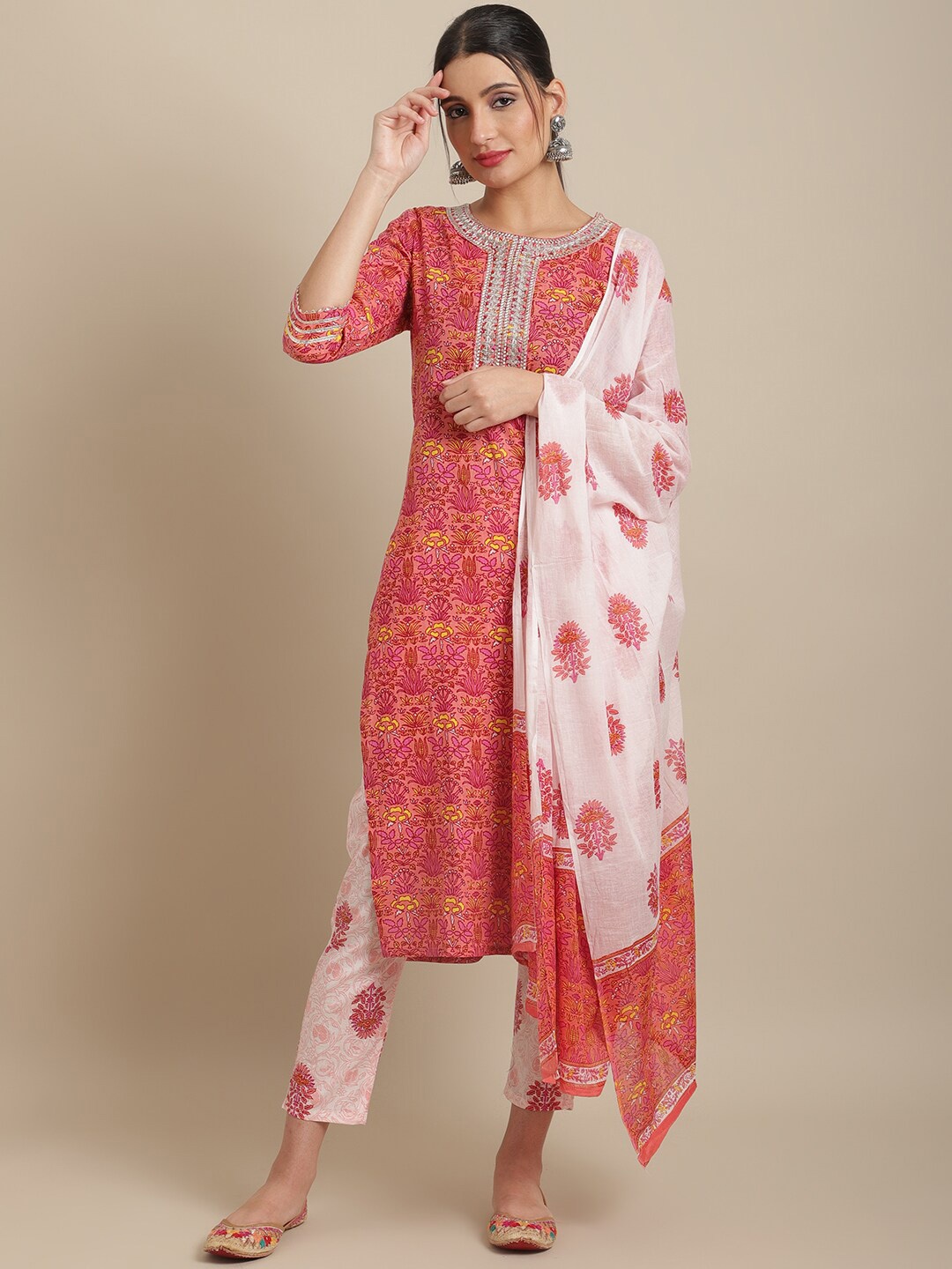 

ANAISA Floral Printed Thread Work Pure Cotton Kurta with Trousers & Dupatta, Peach