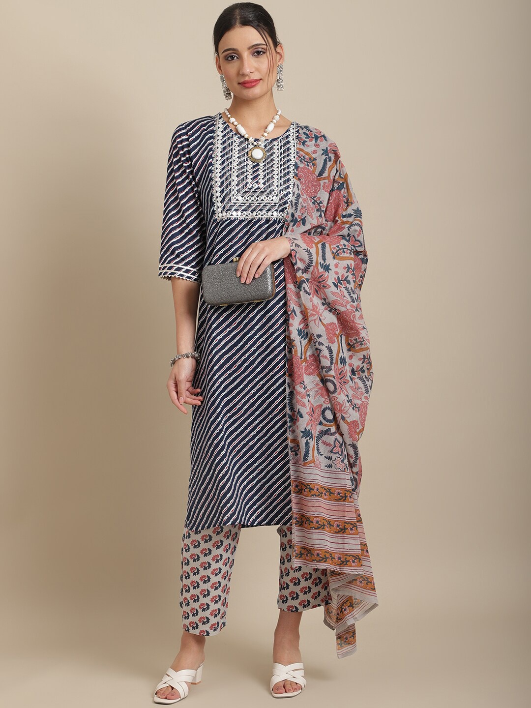 

ANAISA Women Leheriya Printed Mirror Work Kurta with Trousers & Dupatta, Navy blue
