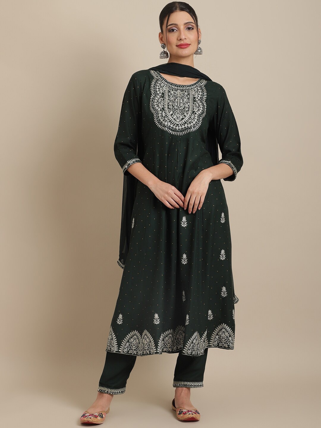 

ANAISA Women Ethnic Motifs Embroidered Mirror Work Kurta with Trousers & Dupatta, Green