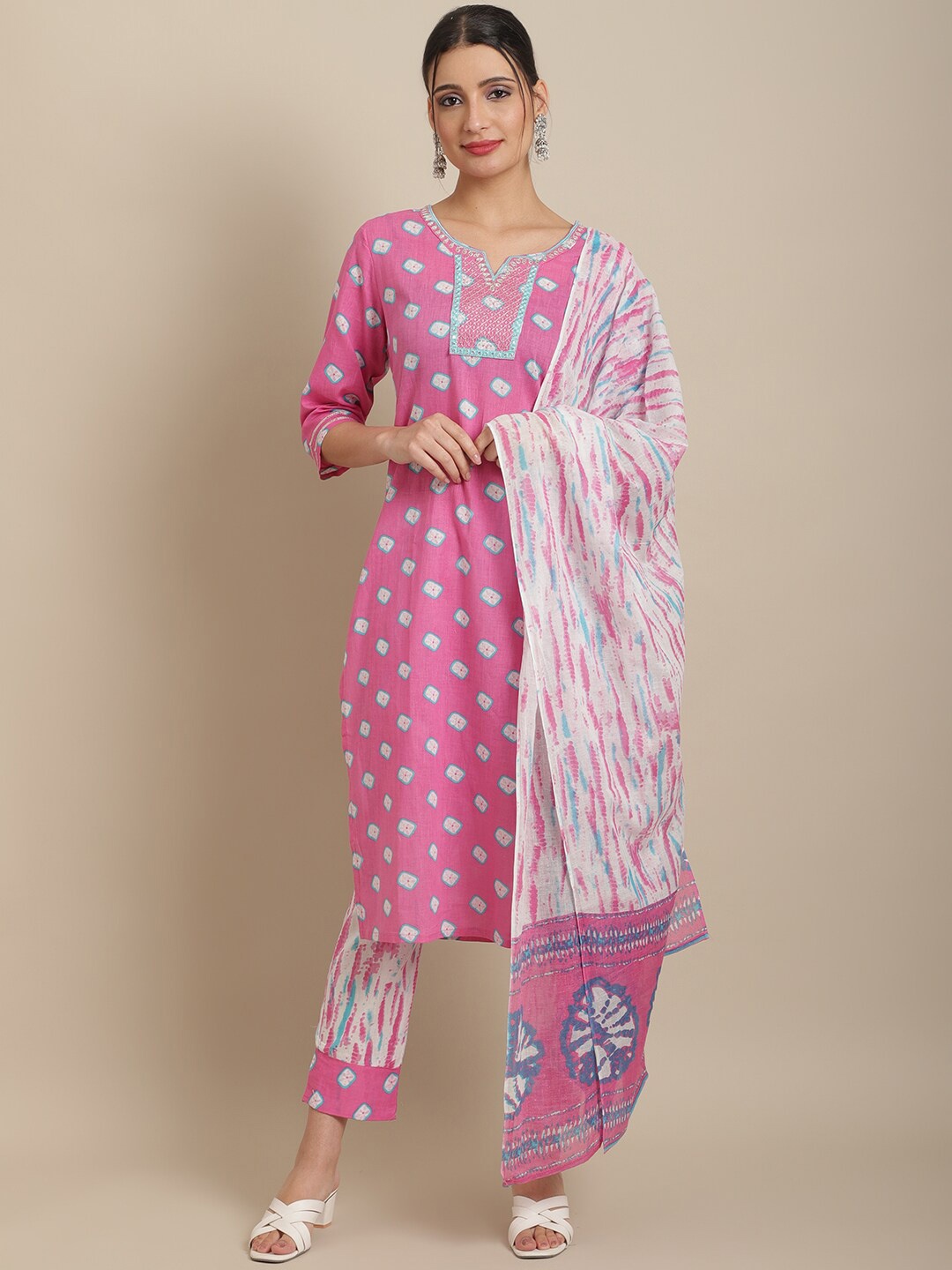 

ANAISA Women Printed Sequinned Pure Cotton Kurta with Trousers & Dupatta, Pink