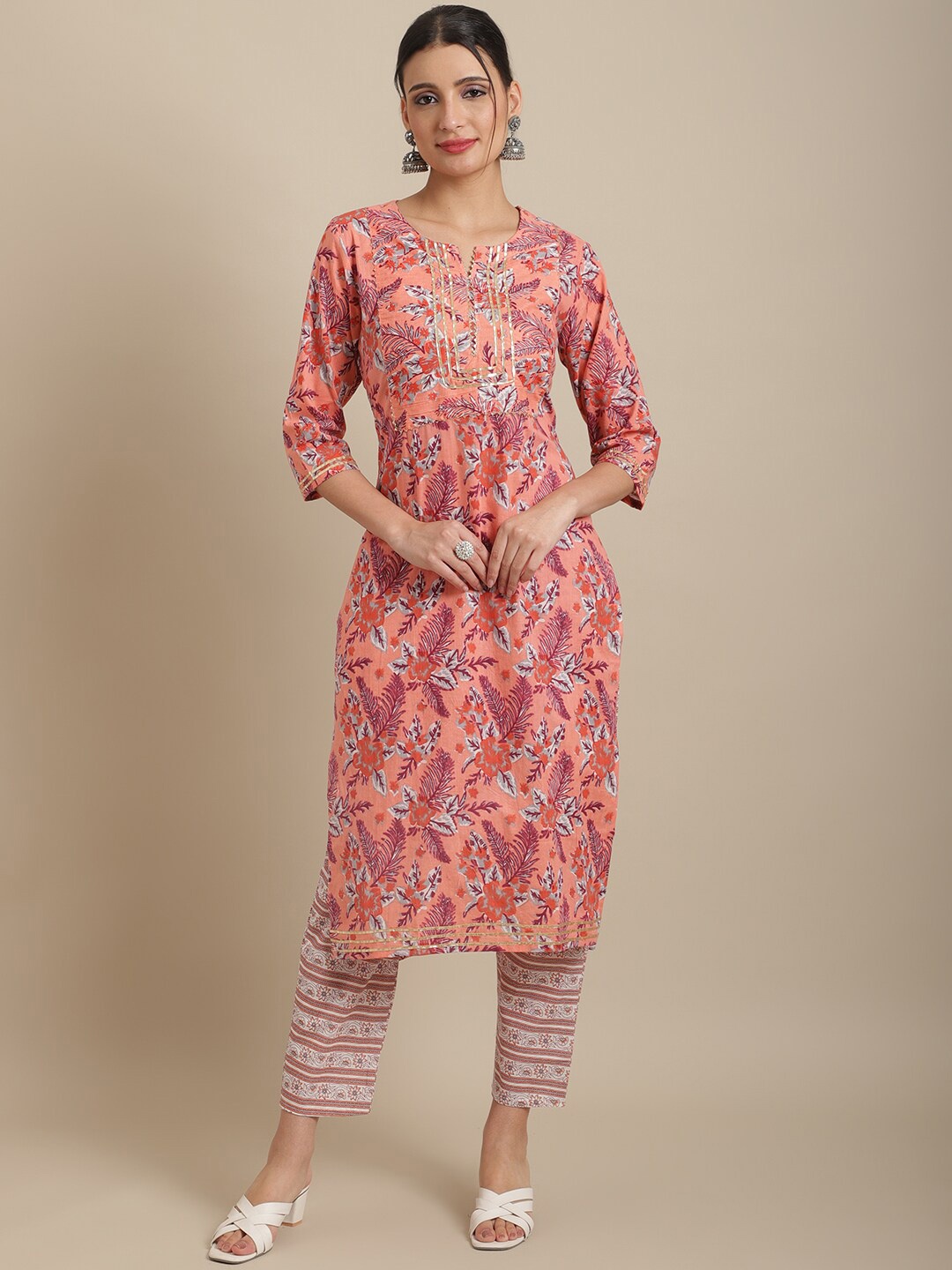 

ANAISA Floral Printed Pure Cotton Kurta with Trousers, Peach