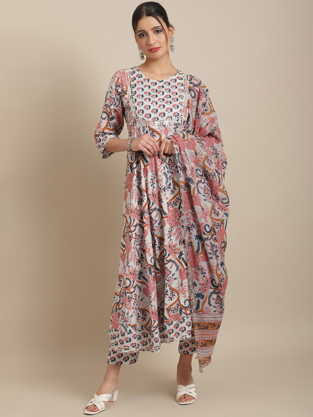 

ANAISA Floral Printed Gotta Patti Kurta with Trousers & With Dupatta, White
