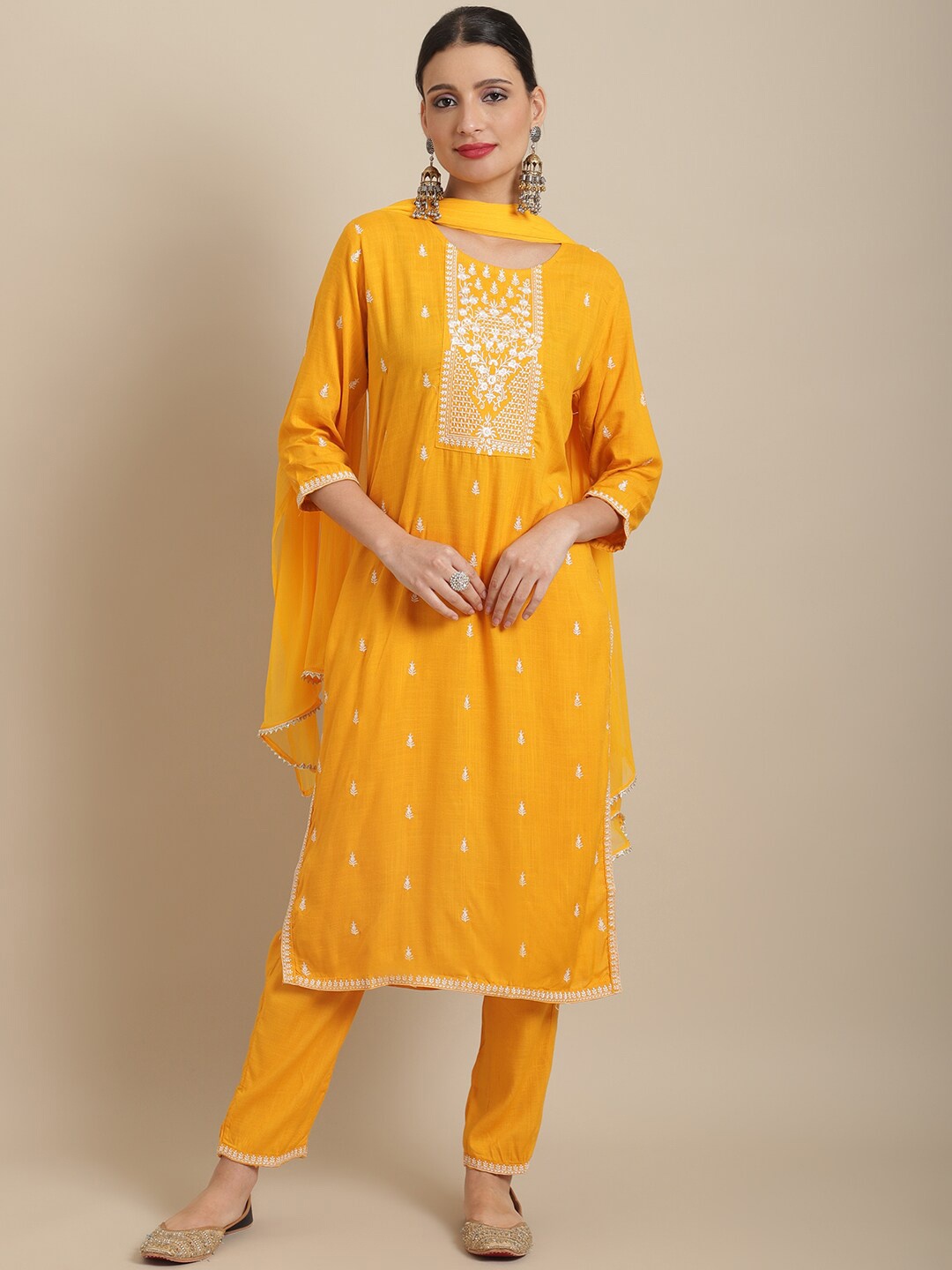 

ANAISA Women Ethnic Motifs Embroidered Thread Work Kurta with Trousers & With Dupatta, Yellow