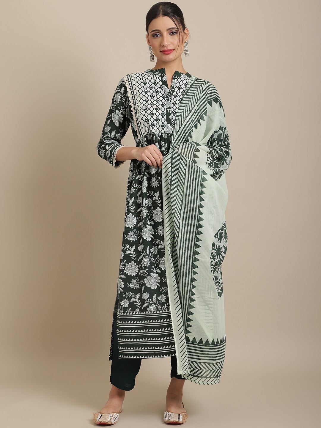 

ANAISA Women Floral Printed Mandarin Collar Kurta with Trousers & Dupatta, Green