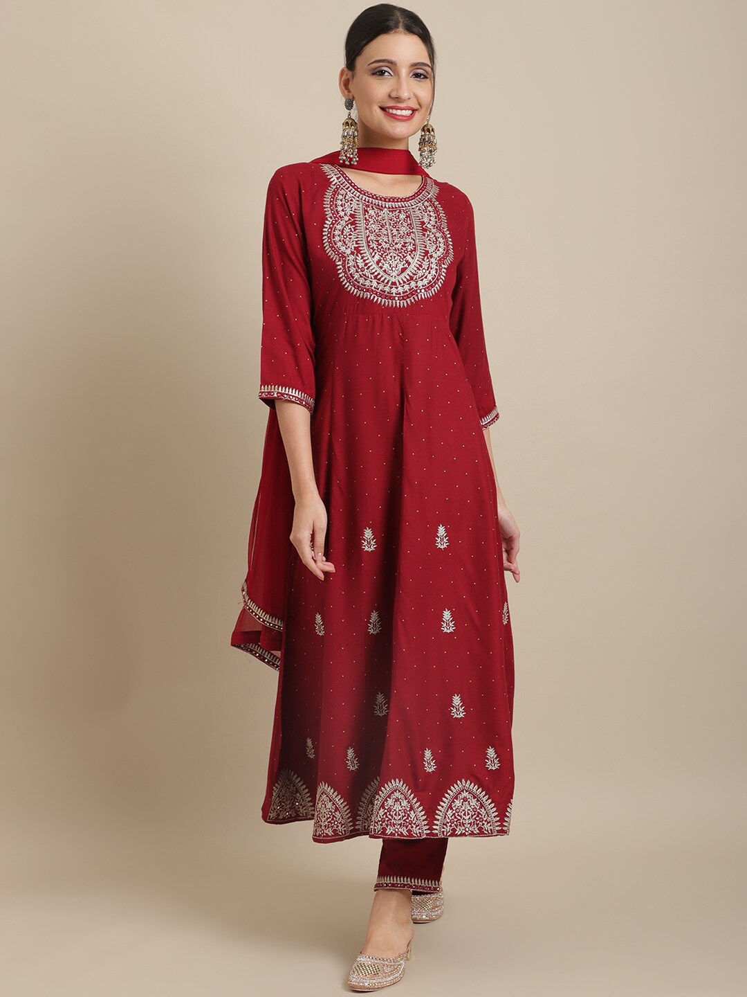 

ANAISA Women Ethnic Motifs Embroidered Round Neck Kurta with Trousers & Dupatta, Maroon