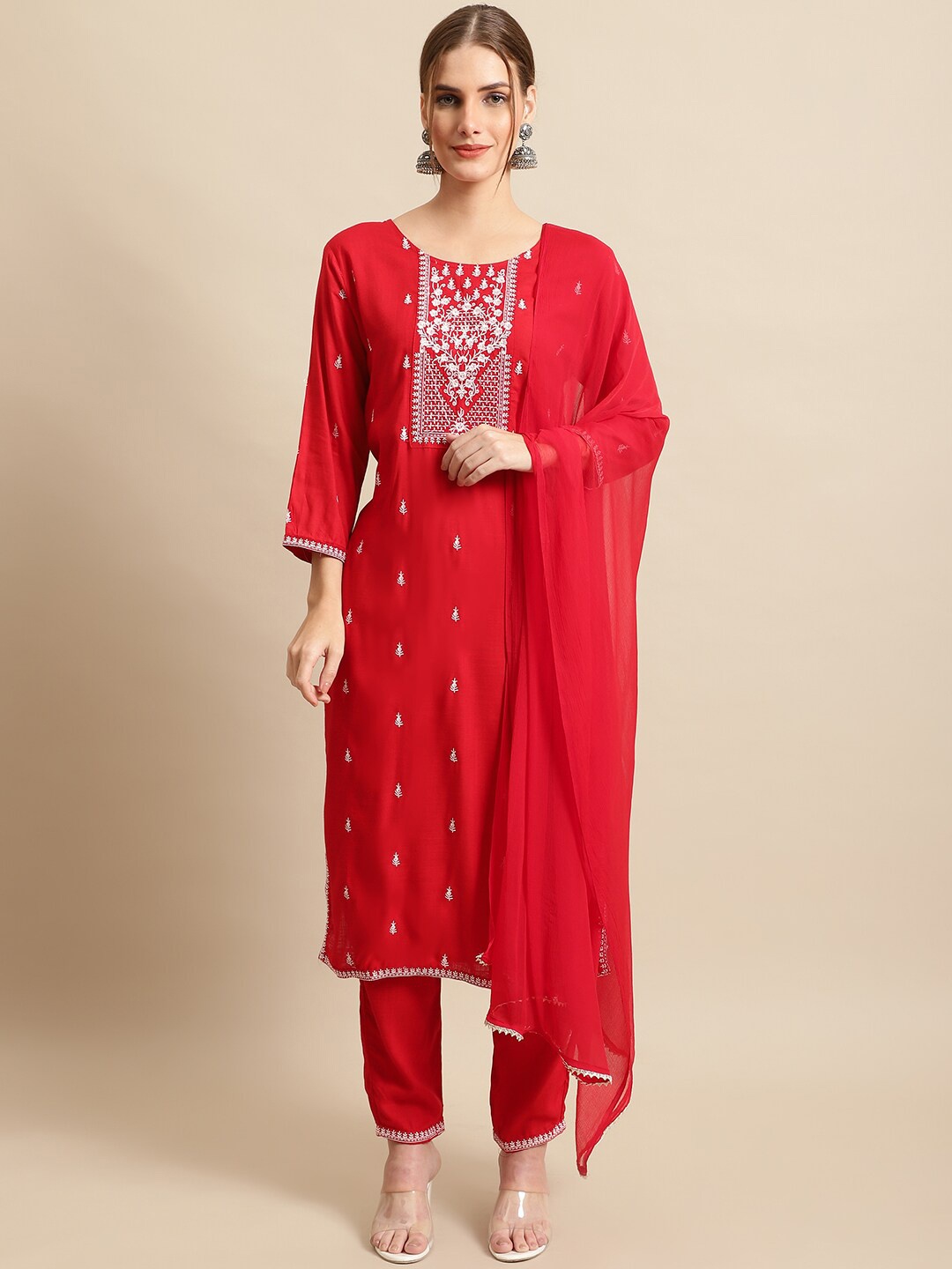 

ANAISA Floral Embroidered Kurta with Trousers & Dupatta, Red
