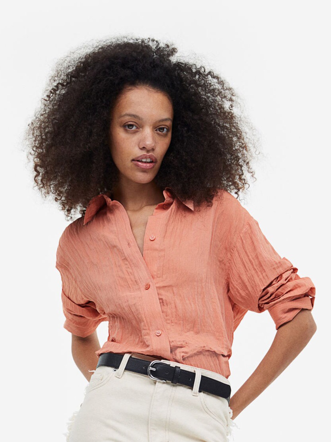 

H&M Women Crinkled Chiffon Shirt, Orange