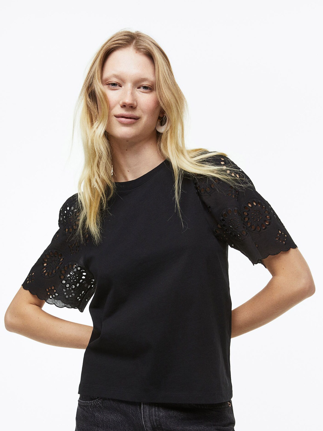 

H&M Women Broderie Anglaise T-Shirt, Black