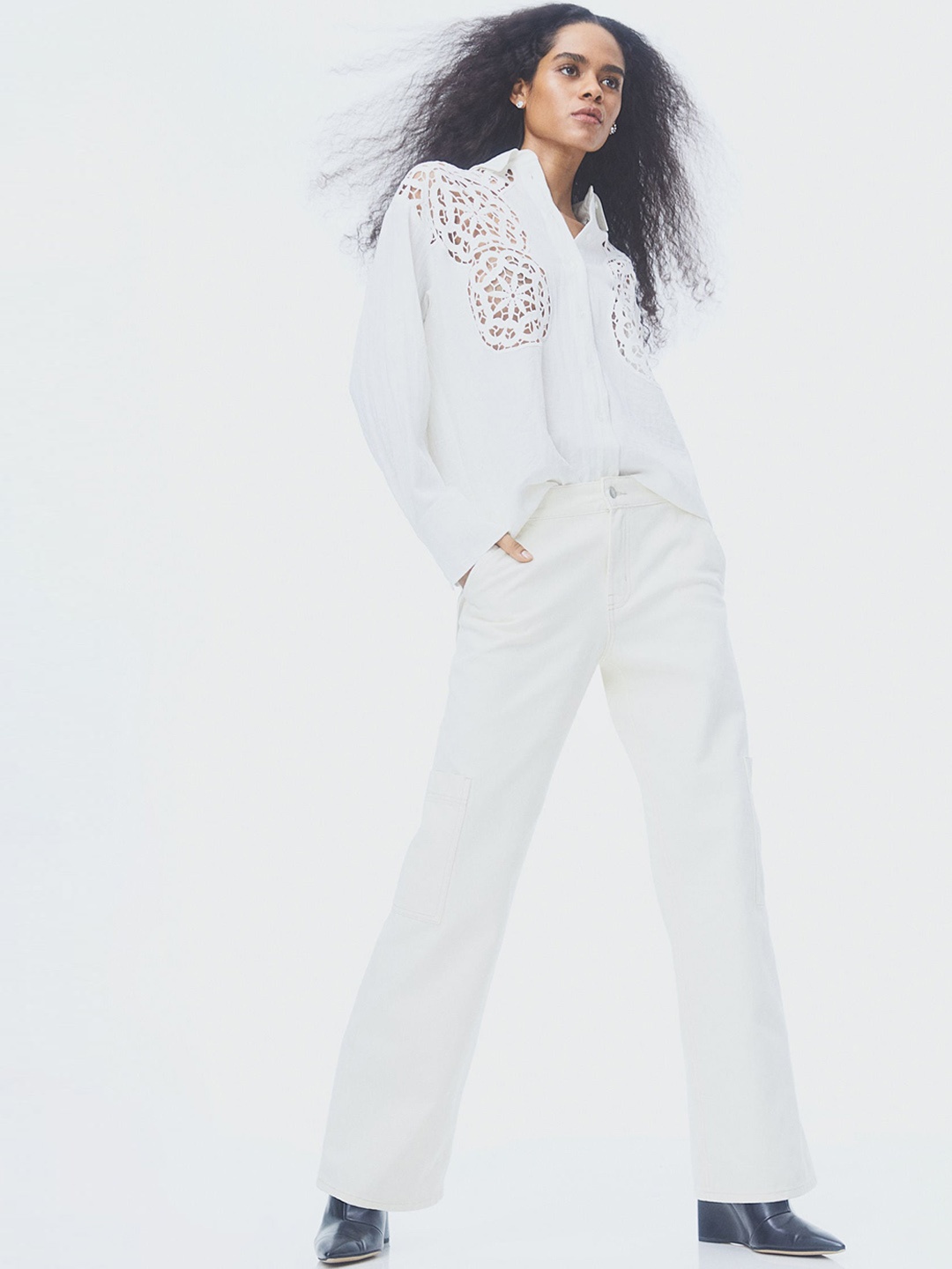 

H&M Women Wide Cargo Trousers, White